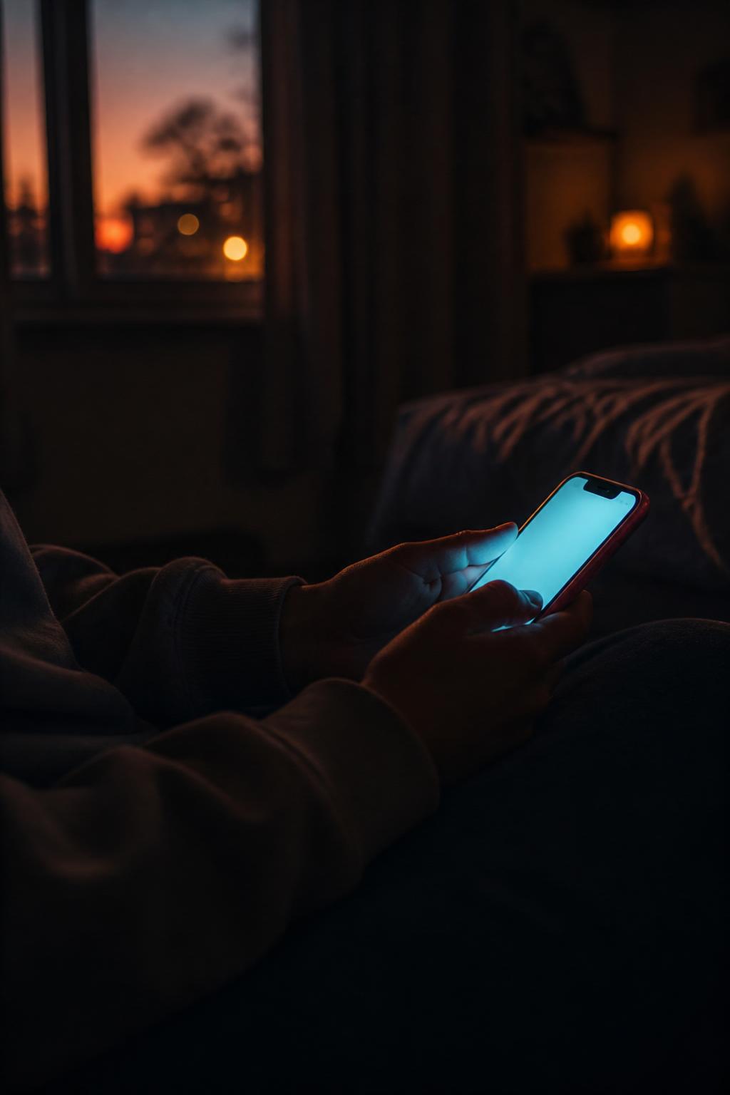 Adolescente con el móvil al atardecer en su habitación