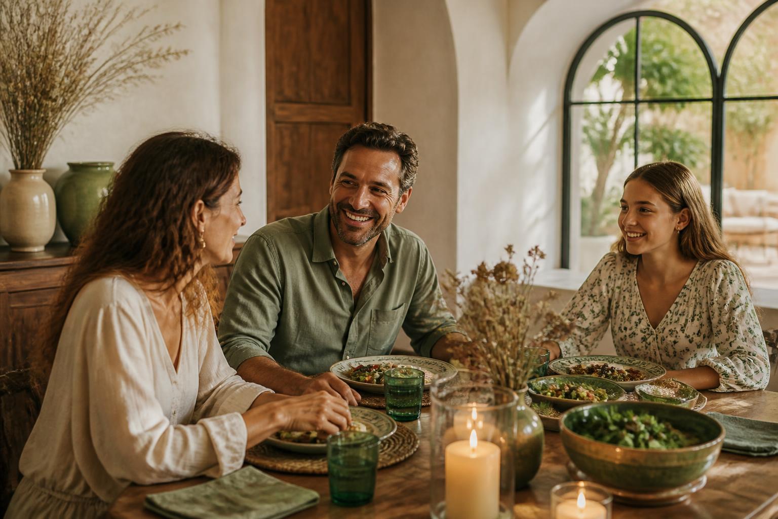 Familia cenando junta, sin pantallas, en una casa cálida